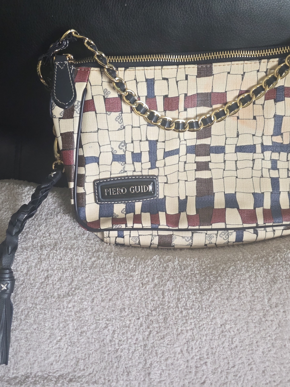 Piero Guidi Beige Multicolor Chain-Handle Shoulder Bag